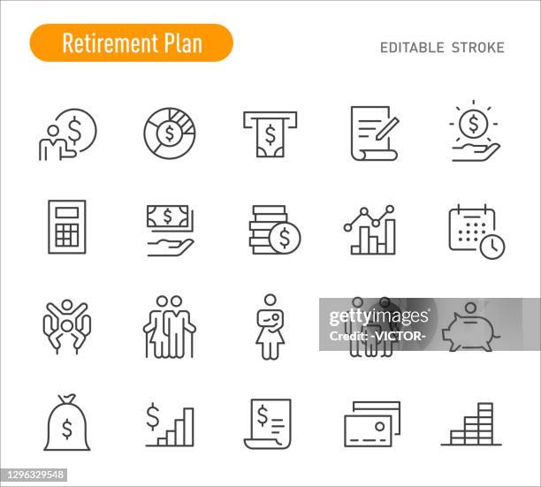 stockillustraties, clipart, cartoons en iconen met pensioenplanpictogrammen - lijnreeks - bewerkbare lijn - loon arbeidsvoorwaarden