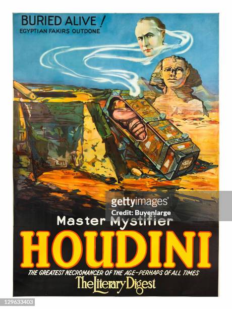 Houdini in Ancient Egypt in Coffin bear the Sphinx on a poster that advertises the movie 'Master Mystifier Houdini - Buried Alive!,' 1926.