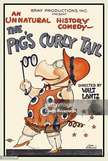 Anthropomorphic pig in dress and holding a lorgnette, with high heels and hat on a poster that advertises the Walter Lantz movie 'The Pig's Curly...