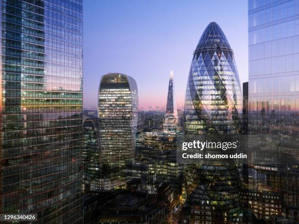 digital composite of modern london skyscrapers - elevated view - city of london aerial stock-fotos und bilder