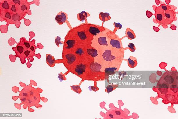 watercolor paint of red covid-19 virus on white paper - ebola stock pictures, royalty-free photos & images