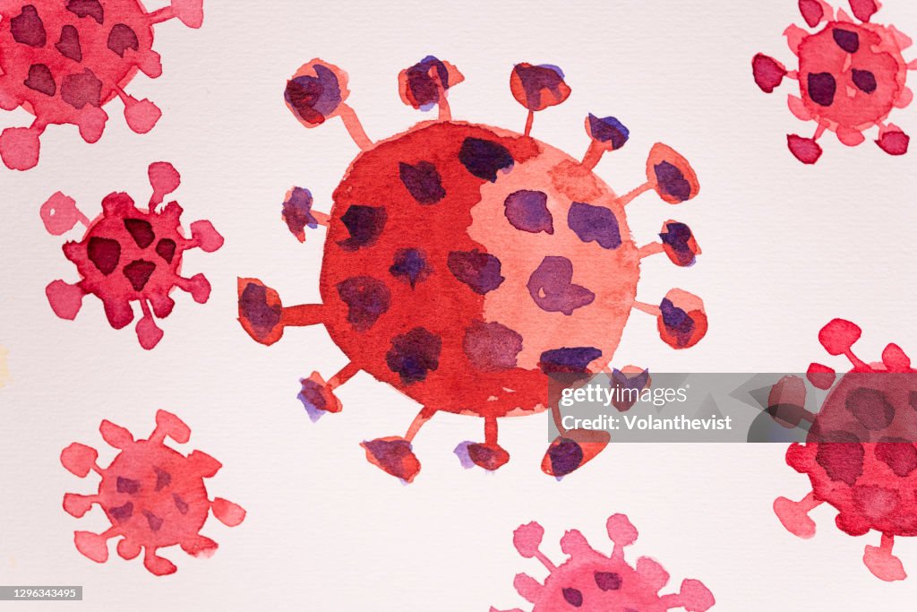 Watercolor paint of red Covid-19 virus on white paper