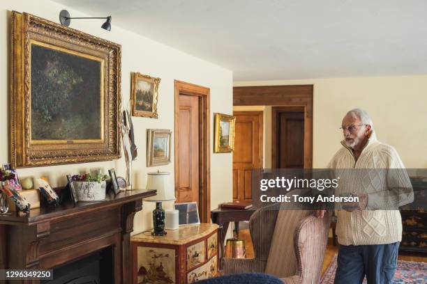 portrait of senior man at home - 80s living room fotografías e imágenes de stock