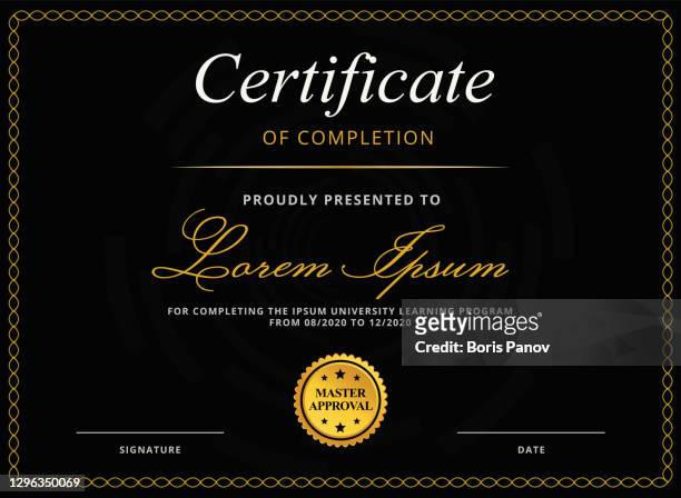 classic diploma or certificate template for e-learning education completion in luxury black and gold colors with gold stamp - business gala stock illustrations