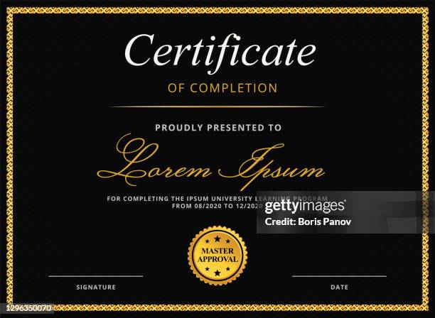 classic diploma or certificate template for e-learning education completion in luxury black and gold colors with gold stamp - school award stock illustrations