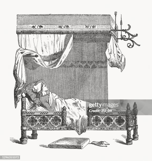 sleeping woman in a medieval bed, wood engraving, published 1893 - four poster bed stock illustrations