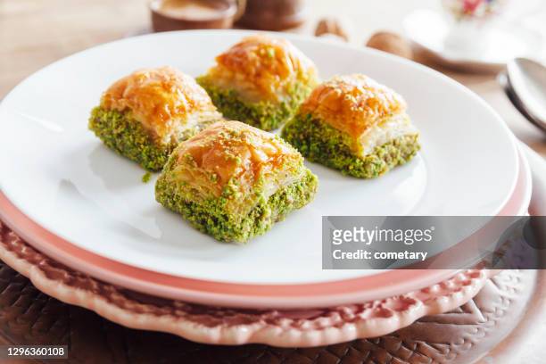 delicious dessert turkish baklava - baklava stock pictures, royalty-free photos & images