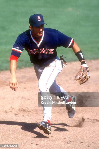 Nomar Garciaparra of the Boston Red Sox fields a ground ball during a spring training work out on March 1, 1997 at City of Palms Park in Ft. Myers,...