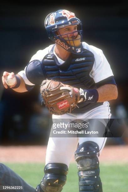 March 05: Brian Johnson#10 of the Detroit Tigers fields a bunt during a spring training baseball game against the Houston Astros on March 5, 1997 at...