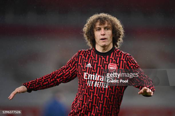 David Luiz of Arsenal warms up prior to the Premier League match between Arsenal and Crystal Palace at Emirates Stadium on January 14, 2021 in...