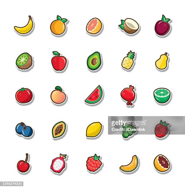 set of assorted fruits stickers with dark brown and white outlines with shadow on white - dark fruit ink stock illustrations