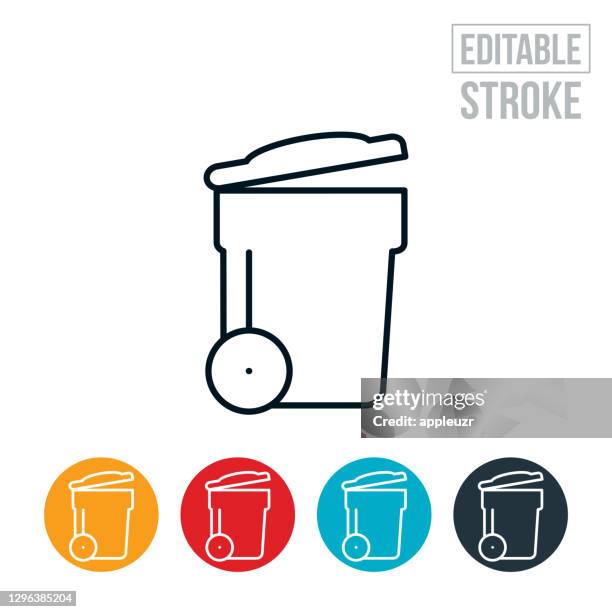 stockillustraties, clipart, cartoons en iconen met pictogram garbage can thin line - bewerkbare lijn - vuilnisemmer op wielen