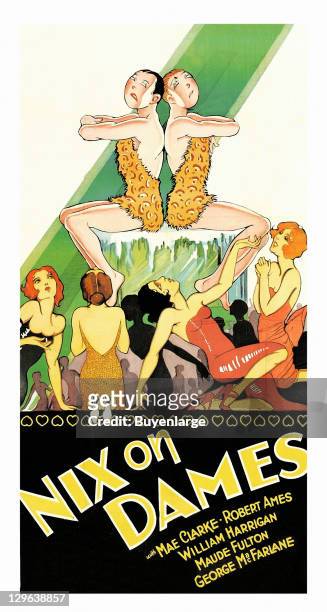 Cartoon Drawings of young girls in swimsuits and flappers on a poster that advertises the movie 'Nix on Dames,' 1929.