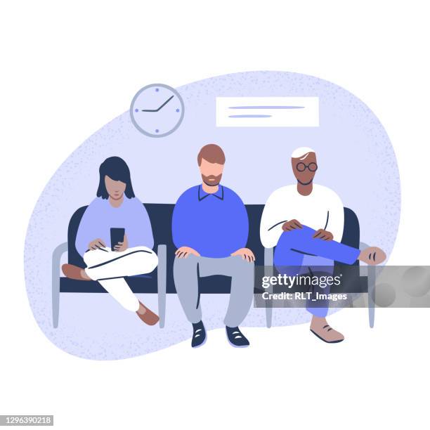 illustration verschiedener menschen, die im öffentlichen wartezimmer sitzen - three people stock-grafiken, -clipart, -cartoons und -symbole