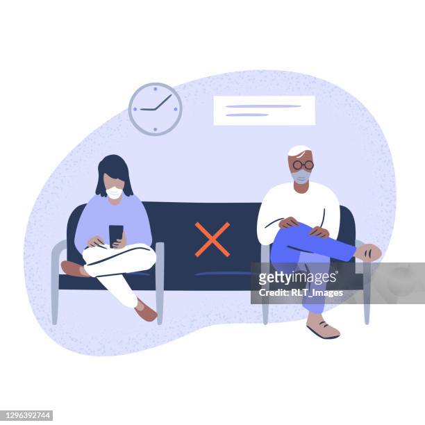 illustration of people seated in public waiting room observing social distancing - hospital waiting room stock illustrations