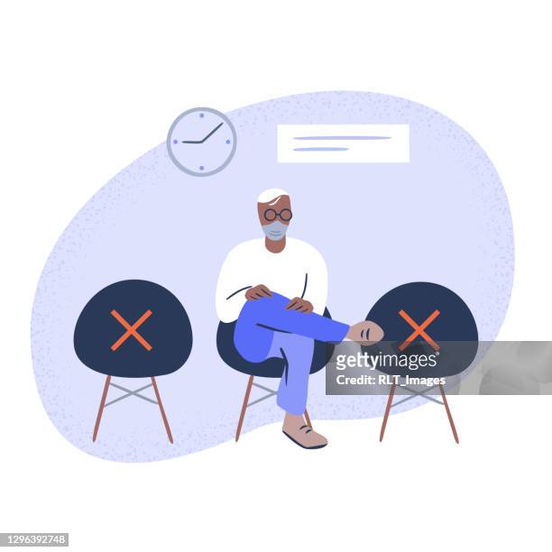 illustration of person seated in public waiting room observing social distancing - patience illustration stock illustrations