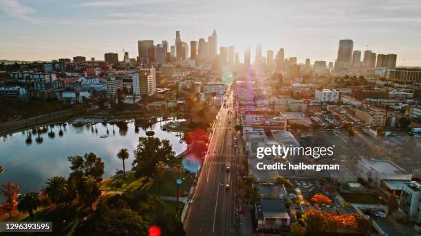 seventh street passing macarthur park in westlake at sunrise - aerial - los angeles park stock pictures, royalty-free photos & images