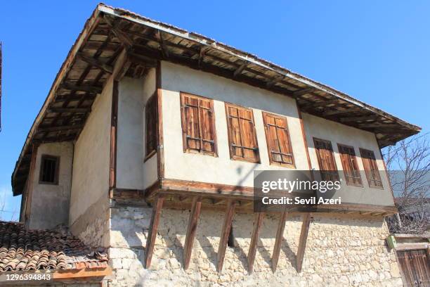 close-up traditional yoruk village house, small house with whitewashed wooden windows, safranbolu - safranbolu turkey stock pictures, royalty-free photos & images