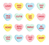 Vector set bundle of different color flat cartoon Valentine’s candy with love text