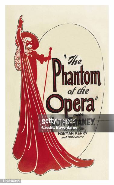 Character in a mask and red robe on a poster that advertises the movie 'The Phantom of the Opera,' 1925.