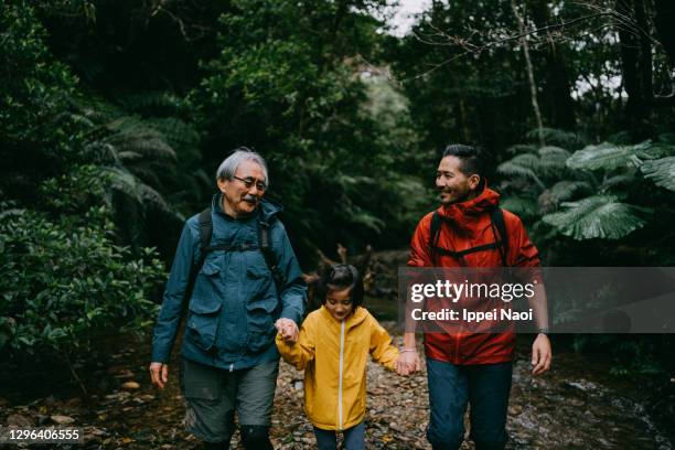 three generation family hiking in rainforest in rain, japan - asian smiling father son stock-fotos und bilder