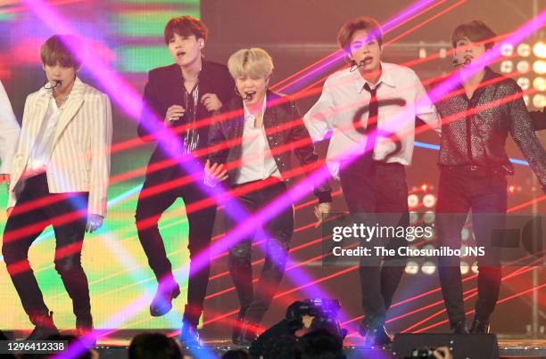 Suga, Jimin, Jin, Jungkook of BTS perform at the 2018 MBC Plus X Genie Music Awards at Namdong Gymnasium on November 06, 2018 in Incheon, South Korea.