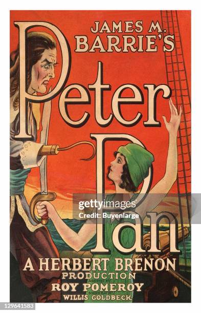 Captain Hook and Peter Pan on a poster that advertises the movie 'Peter Pan,' 1924.