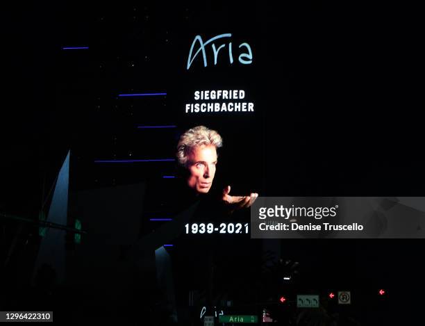 Marquee at the Aria Resort & Casino on the Las Vegas Strip displays a tribute to Siegfried Fischbacher after news of his death on January 14, 2021 in...