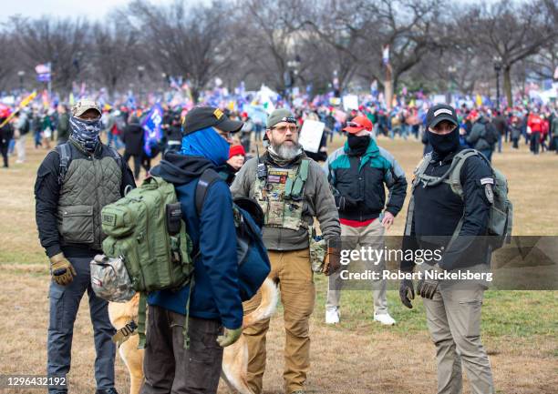 Men belonging to the Oath Keepers wearing military tactical gear attend the "Stop the Steal" rally on January 06, 2021 in Washington, DC. Trump...