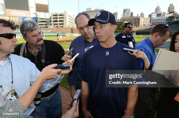 Brandon Inge of the Detroit Tigers speaks to the media before Game Four of the American League Division Series against the New York Yankees at...