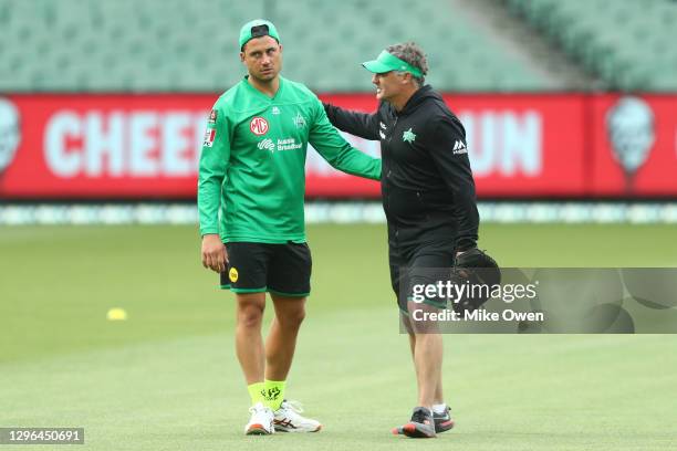 Marcus Stoinis of the Stars and David Hussey, coach of the Stars are seen prior to the Big Bash League match between the Melbourne Stars and the...