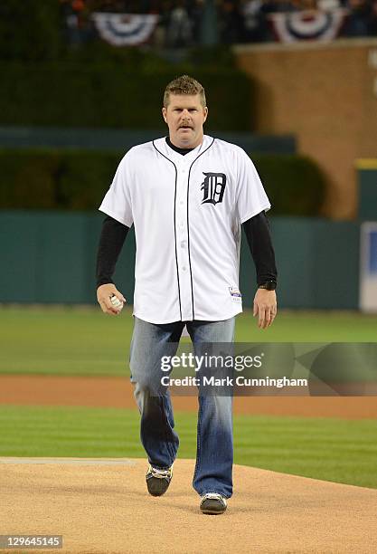 Former Detroit Tigers pitcher Todd Jones looks on before throwing the ceremonial first pitch before Game Four of the American League Division Series...