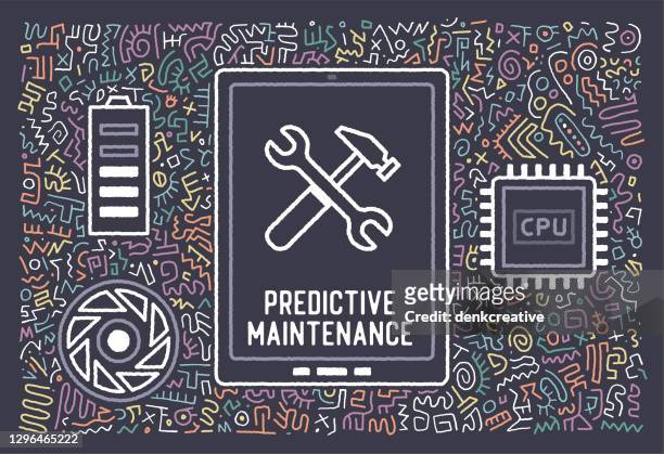 illustrazioni stock, clip art, cartoni animati e icone di tendenza di progettazione del doodle del vettore di manutenzione predittiva - maintenance engineer