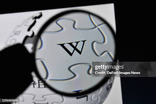 In this photo illustration, The logo of Wikipedia is seen on the screen of a laptop with a magnifying glass on January 15, 2021 in Ankara, Turkey.