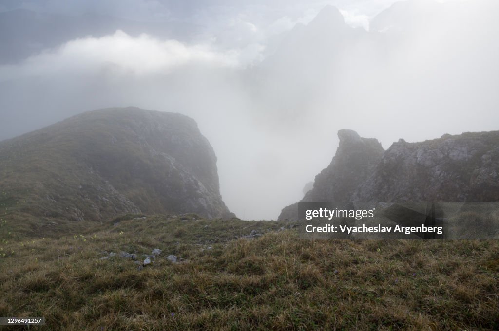 Asbestnaya Mount in heavy fog and clouds, Adygea, Caucasus