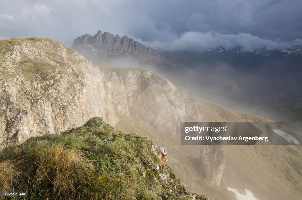 Slopes of Asbestnaya Mount in clouds, Early summer in Caucasus Mountains