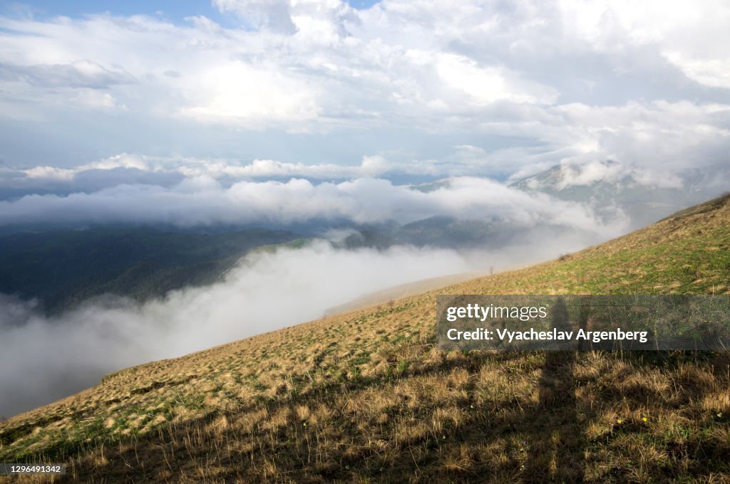 Mountain panorama in clouds, Adygea, Western Caucasus