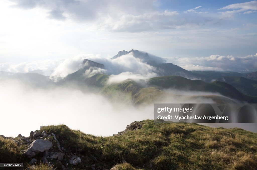 Bolshoy Tkhach in clouds, mountain landscape, Adygea