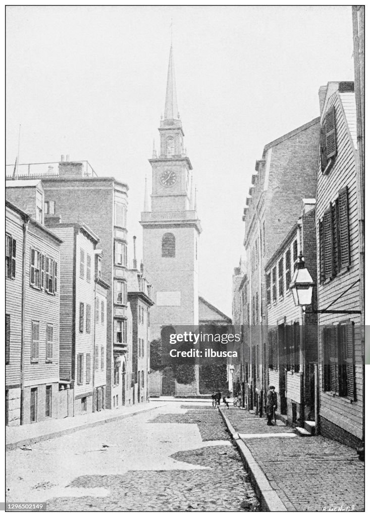 馬薩諸塞州波士頓的古董黑白照片:老北教堂,基督教堂