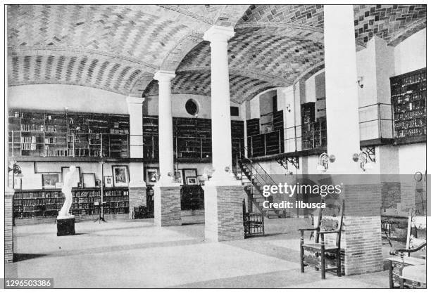 antique black and white photograph of boston, massachusetts: magazine room, boston public library - boston public library stock illustrations
