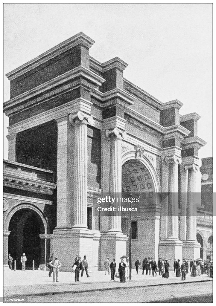 Antique black and white photograph of Boston, Massachusetts: Union station main entrance