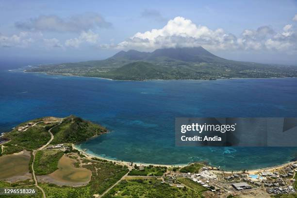 The Caribbean, St. Kitts and Nevis: aerial view of The Narrows channel between the islands of Nevis and St. Christopher.