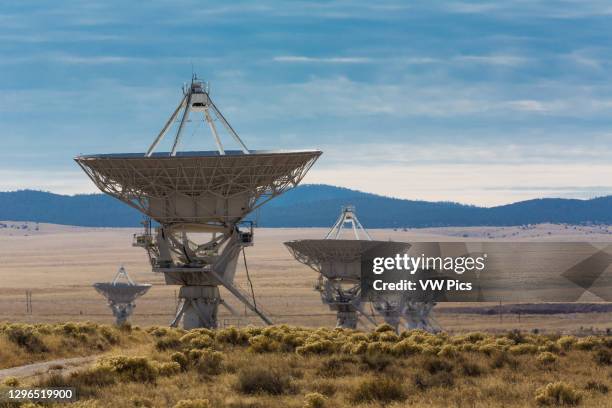 Antenna dishes of the Karl G. Jansky Very Large Array radiotelescope astronomy observatory near Magdalena, New Mexico in the United States. The Very...