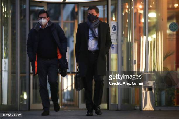 Christian Seifert and Oliver Leki leave the DFB Headquarter on January 15, 2021 in Frankfurt am Main, Germany. A couple of different media outlets...