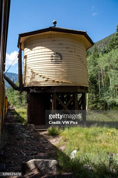 Water tank on the route of the Durango and Silverton Narrow Gauge Railroad between Durango and Silverton, Colorado..