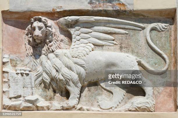San Marco lion outside the townhall. Orzinuovi. Lombardy. Italy.