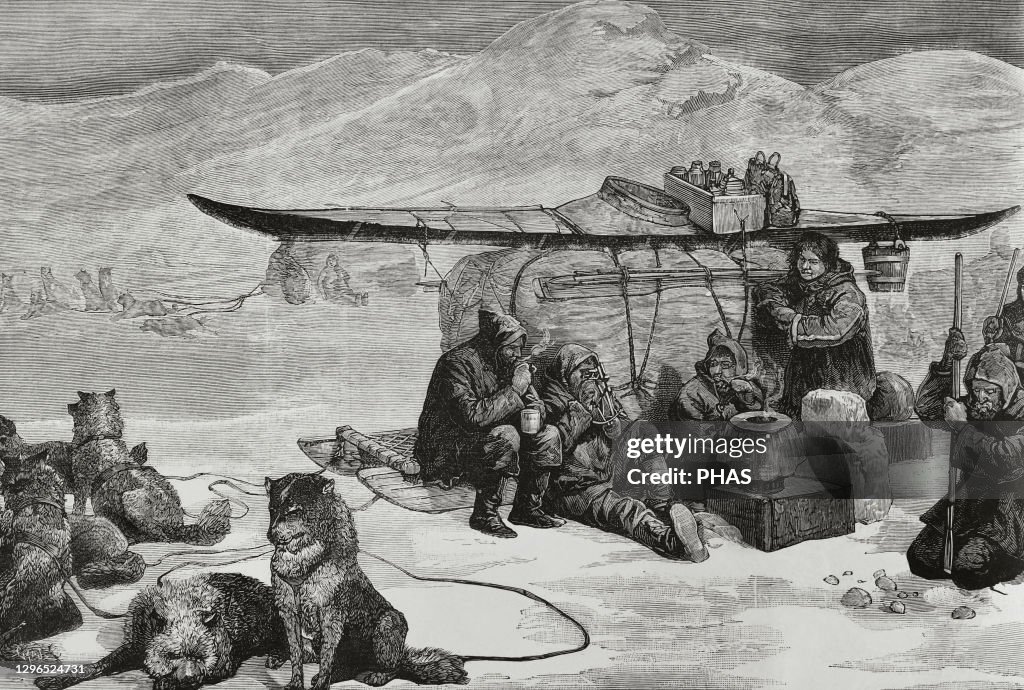 Captain Sir John Franklin's lost expedition to the Canadian Arctic, tragically ended with the death of all 129 crew members. Expedition in search of Franklin's remains, launched by the Admiralty in 1848. Expeditioners rest at the foot of Divide Mountain.