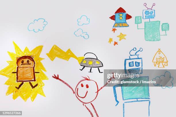 child, crayons, drawing, sketch, robot, ufo, rocket, star - rockets v thunder stock-fotos und bilder