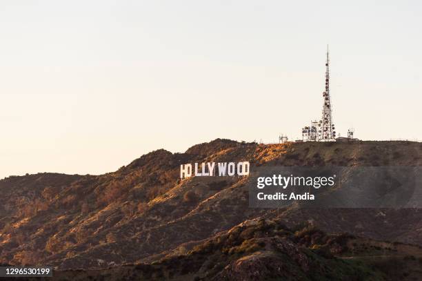 Hollywood sign on a hill in Los Angeles, giant letters, California, USA, North America.