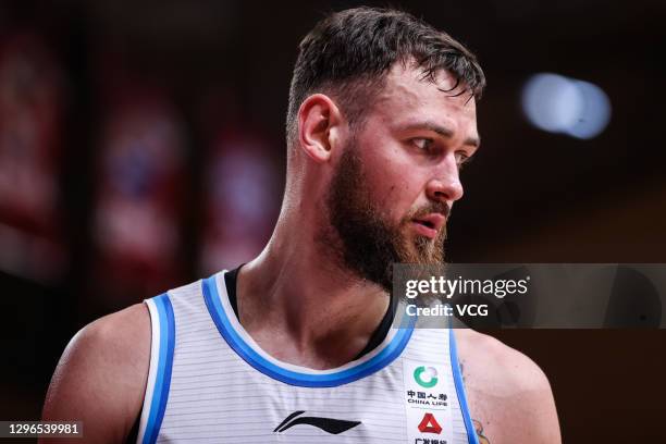 Donatas Motiejunas of Xinjiang Flying Tigers reacts during 2020/2021 Chinese Basketball Association League match between Xinjiang Flying Tigers and...